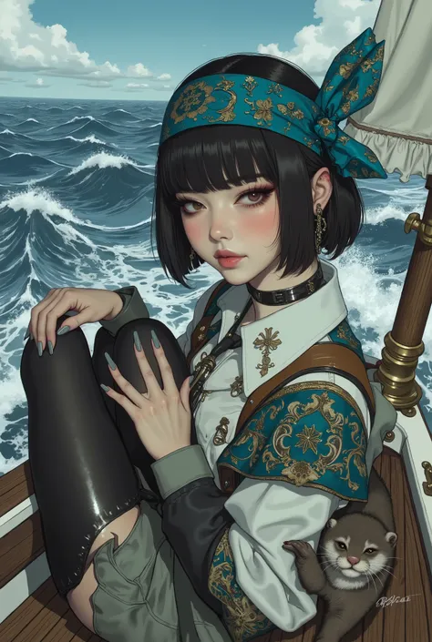 trolling ship、Impressive close-up marlin、long nails、Oriental beauty wearing summer bohemian fashion with smiling bangs, black hair, very short bob hair、There is only one Asian small-clawed otter、Detailed, highest-quality hand drawing、Enjoying giant fishing...