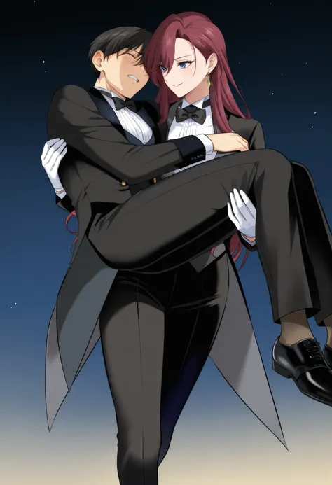 ,1girl, tuxedo tailcoat woman outfit,prince carry,1boy, bridal style, female carrying male, role reversal, gender role swap , assertive woman x Submissive male unconscious, assertive butler woman
