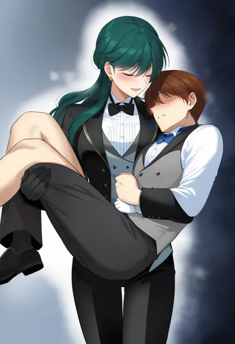 ,1girl, tuxedo tailcoat woman outfit,prince carry,1boy, bridal style, female carrying male, role reversal, gender role swap , assertive woman x Submissive male unconscious, assertive butler woman
