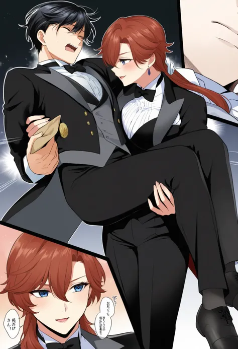 ,1girl, tuxedo tailcoat woman outfit,prince carry,1boy, bridal style, female carrying male, role reversal, gender role swap , assertive woman x Submissive male unconscious, assertive butler woman