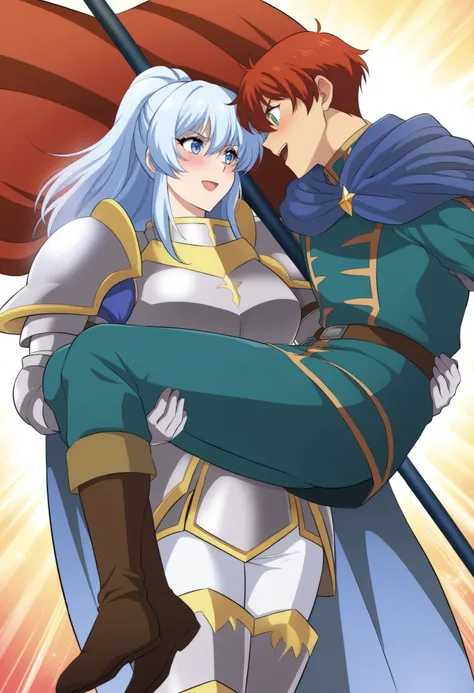 ,,1girl, milarity Royal female shinny armour,cape knight,prince carry,1boy, bridal style, female carrying male, role reversal, gender role swap , assertive FL x Submissive ML , assertive knight woman anime colouring