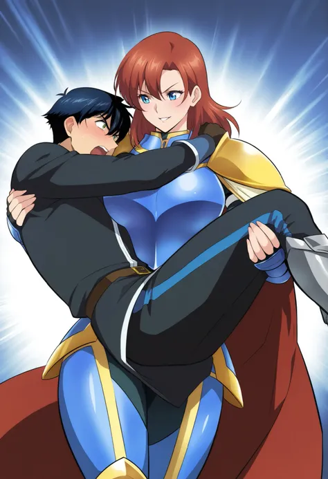 ,,1girl, milarity Royal female shinny armour,cape knight,prince carry,1boy, bridal style, female carrying male, role reversal, gender role swap , assertive FL x Submissive ML , assertive knight woman anime colouring ، Ride horse