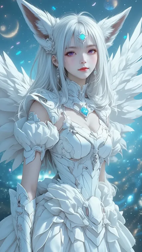 1 , long white hair . chest. fox ears. MULTICOLOR EYES. PURPLE EYES , pink eyes. earrings. Dancer's candid attire. The symbol on the forehead is in the shape of a moon . full length .