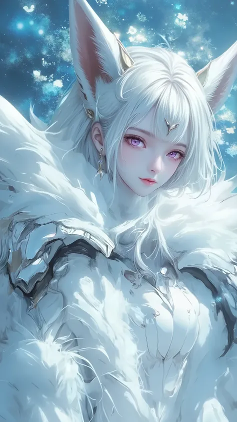 1 , long white hair . chest. fox ears. MULTICOLOR EYES. PURPLE EYES , pink eyes. earrings. Dancer's candid attire. The symbol on the forehead is in the shape of a moon . full length .