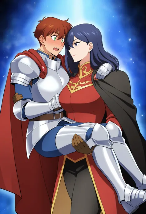 ,,1girl, milarity Royal female armour,cape knight,prince carry,1boy, bridal style, female carrying male, role reversal, gender role swap , assertive FL x Submissive ML , assertive knight woman anime colouring ،