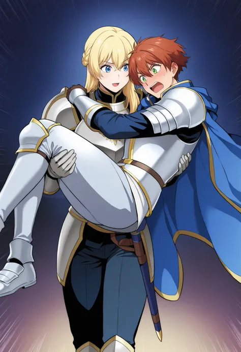 ,,1girl, milarity Royal female armour,cape, pants ,knight,prince carry,1boy, bridal style, female carrying male, role reversal, gender role swap , assertive FL x Submissive ML , assertive knight woman anime colouring ،