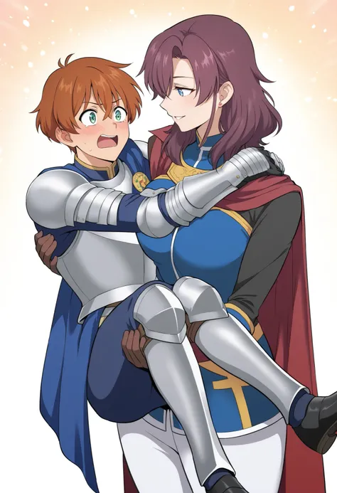 ,,1girl, milarity Royal female armour,cape, pants ,knight,prince carry,1boy, bridal style, female carrying male, role reversal, gender role swap , assertive FL x Submissive ML , assertive knight woman anime colouring ،