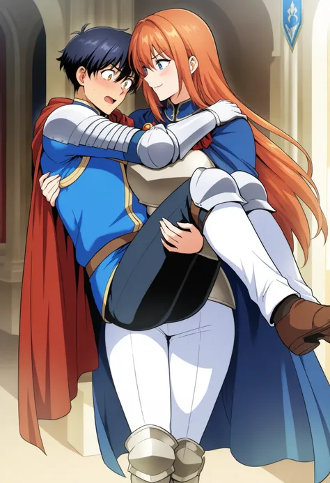 ,,1girl, milarity Royal female armour,cape, pants ,knight,prince carry,1boy, bridal style, female carrying male, role reversal, gender role swap , assertive FL x Submissive ML , assertive knight woman anime colouring ،