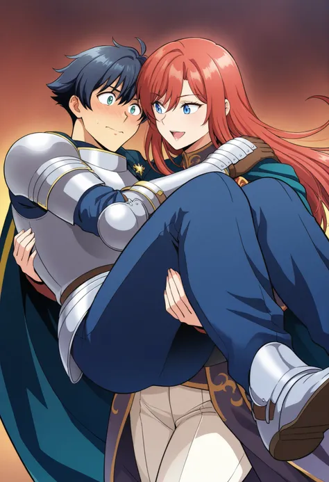 ,,1girl, milarity Royal female armour,cape, pants ,knight,prince carry,1boy, bridal style, female carrying male, role reversal, gender role swap , assertive FL x Submissive ML , assertive knight woman anime colouring ،