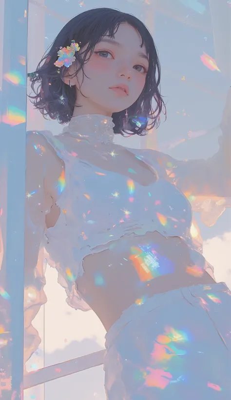 白いドレスを着てRainbowのドレスを着た女性, See-Through Dress, Rainbow aesthetic, bright Rainbow light, Sparkling Prism, illustration Rainbow, holographic, Milky, holographic effect, holographic!!!, Rainbow and Milky, Rainbow. fantasy shot with Nikon Z7 II mirrorless camera...
