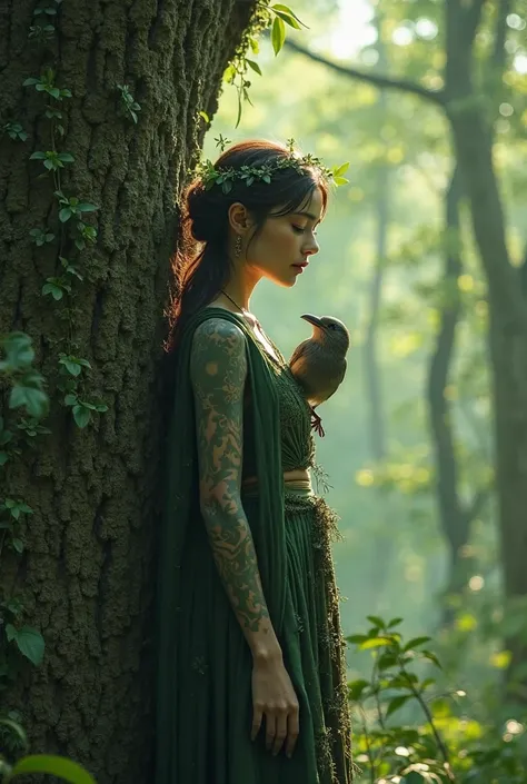 skin The forest guardian stands silently in an ancient tree, bird perches on her shoulder. The light is green and soft. mythical ecological fantasy style, Highly detailed texture and organic form, 4k nature narrative.