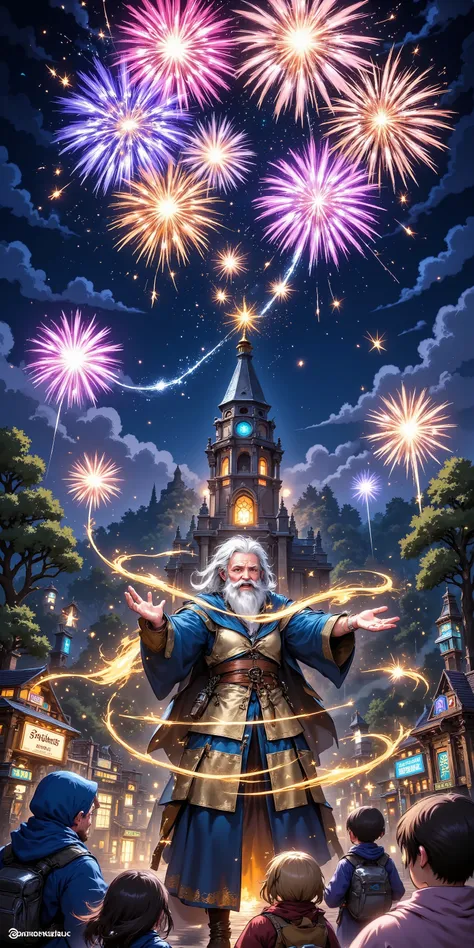 Nostlgic RPG Style, fireworks,A retired old magician sets off fireworks with magic, Theme park at night ,Children filled with joy