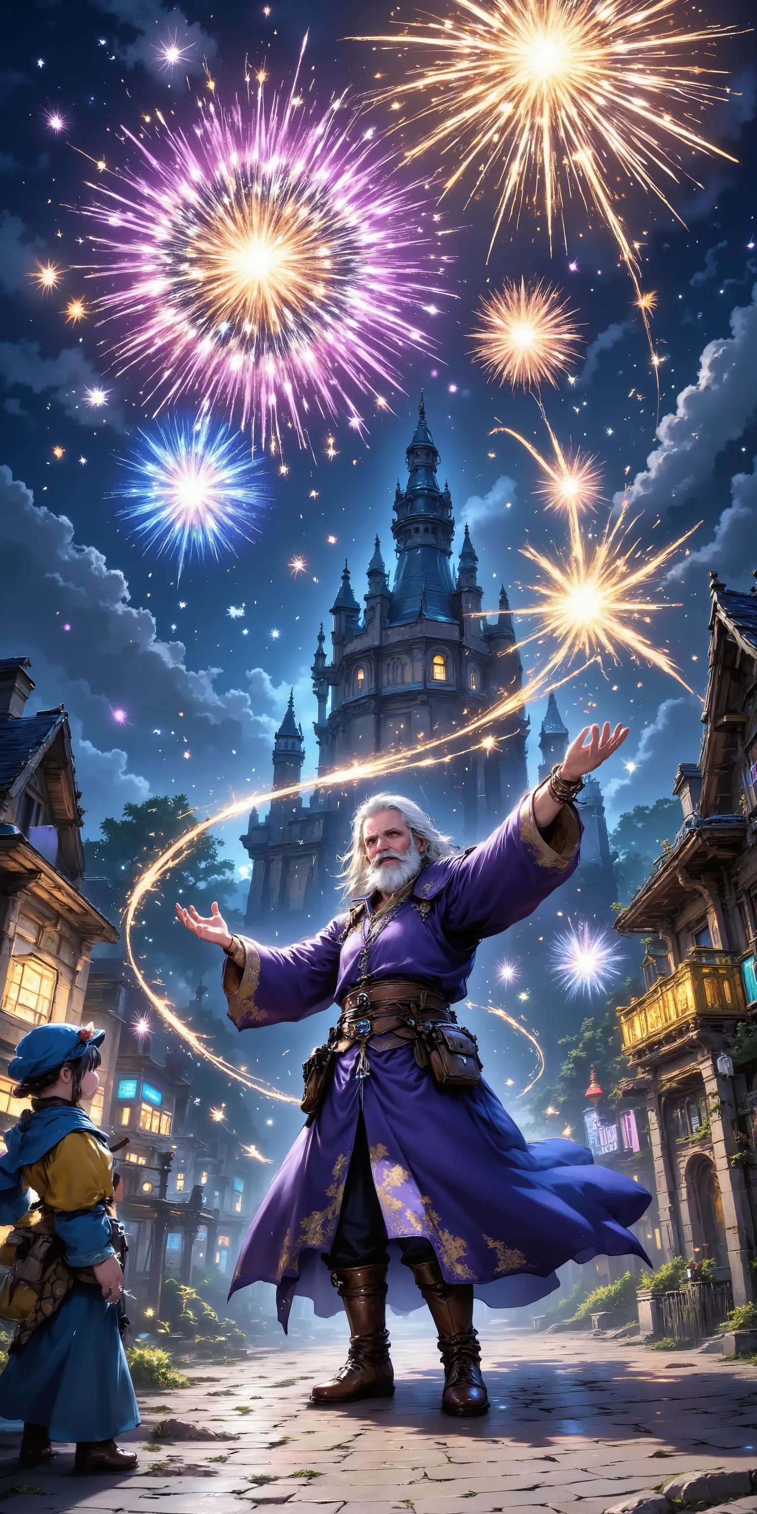 Nostlgic RPG Style, fireworks,A retired old magician sets off fireworks with magic, Theme park at night ,Children filled with joy
