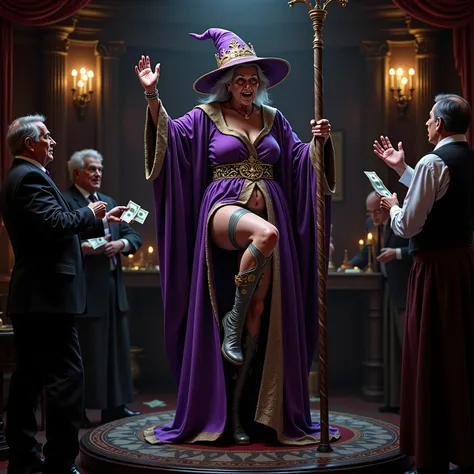 ultra-realistic image of a old female Mage in a gentleman's club on a stage dancing on a stripper pole wearing a old mage hat and mage robe in purple with gold accents, she is showing her leg with a garter stuffed full of money, men around stage throwing m...
