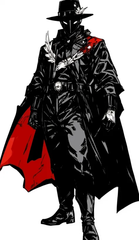 Manga character full body:

dark ranger-style helmet, completely smooth, without a mouth or visible eyes, but with a black mirrored surface, as liquid obsidian.

The visor has a thin line luminous in the shape of an inverted “V” that lights up according to...
