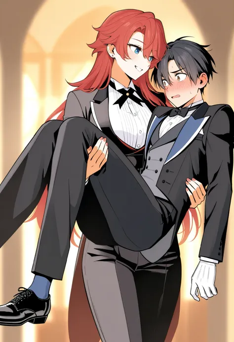 ,1girl, tuxedo tailcoat woman outfit, princess carry,1boy, , female carrying male, role reversal, gender role swap , assertive woman x Submissive man , assertive woman