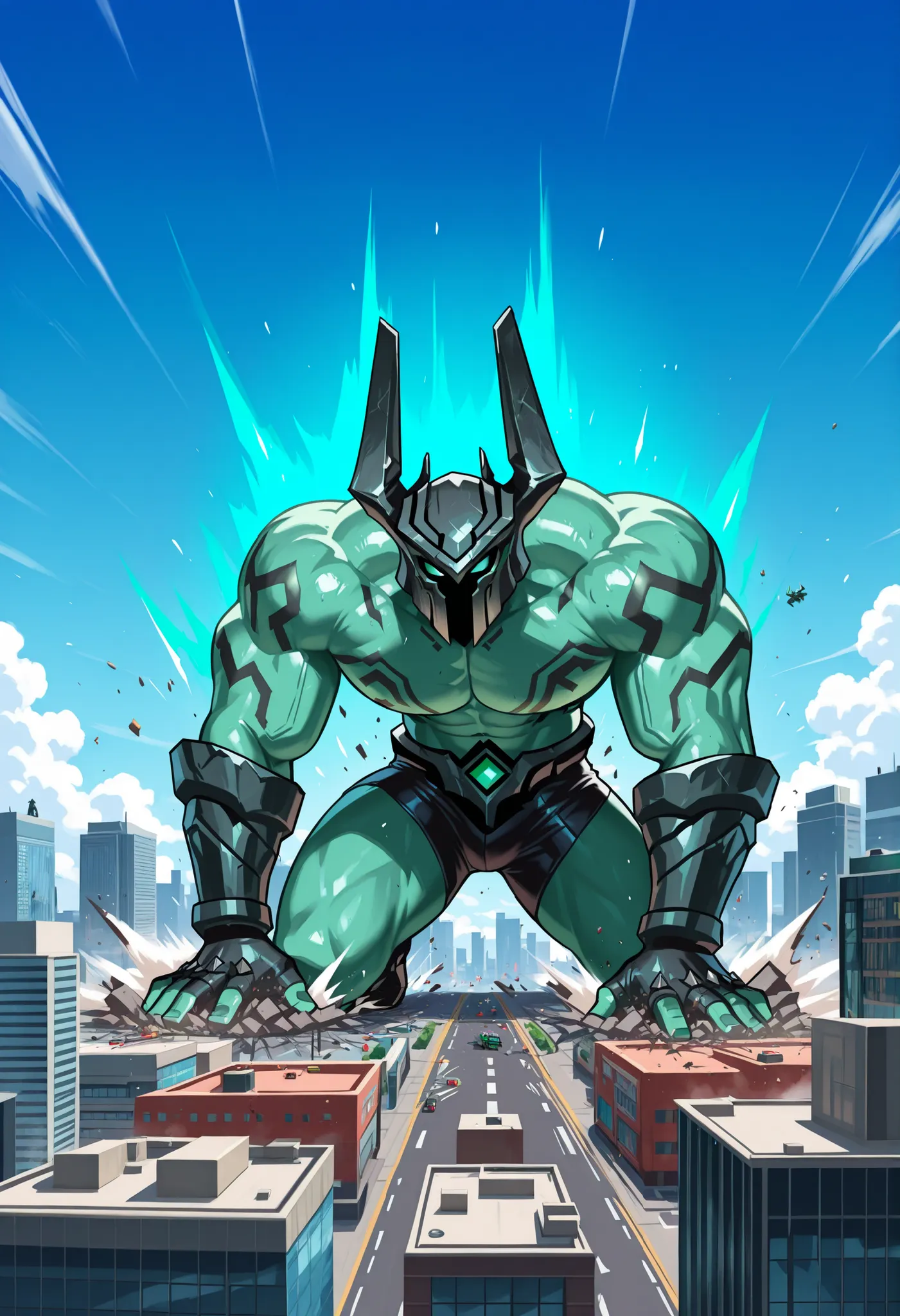mordekaiser, green skin, pentamorde, tattoo, attractive, handsome, (macro in miniscule city), causing destruction, dynamic pose