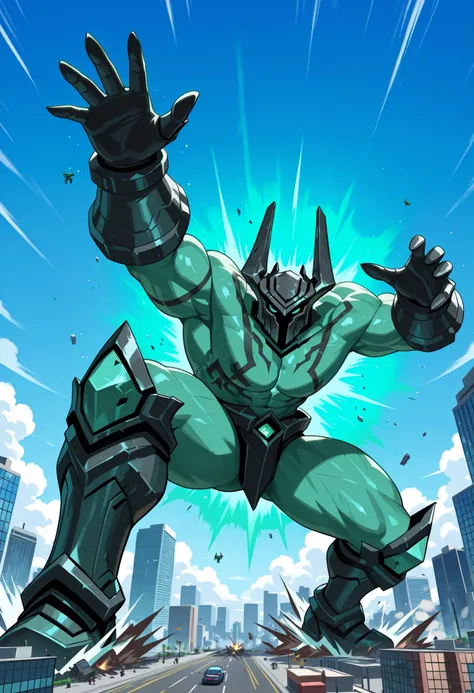 mordekaiser, green skin, pentamorde, tattoo, (macro in miniscule city), causing destruction, dynamic pose