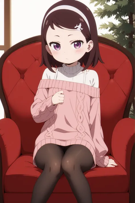Becky Blackbell,  Brown hair,headband tree in the hair,short red off-the-shoulder sweater, black pantyhose, sitting in a red armchair 