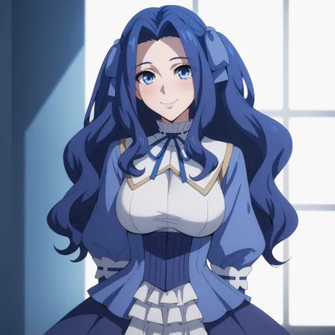  Melty Q Melromarc  , SeaArtai masterpiece,  loose hair.  detailed blue eyes ,shy and nervous smile,,  would throw detailed and sexy dark blue, curvy figure and big breasts, Background a real room . warm and soft lighting, highlighting the reflections in h...