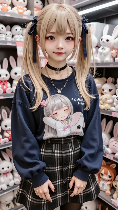 ultra-realistic, photorealistic, dramatic scene, shadow, global-illumination, solo, 1 girl\(teenage Japanese gothic girl, jiraikei fragile Japanese girl, very beautiful with very cute face, very large breasts, slim waist, blonde twintails, wearing a amine-...