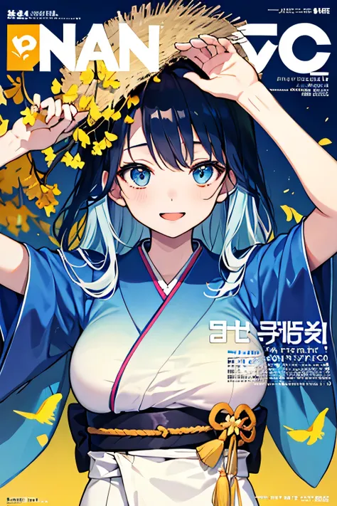 girl with black hair wearing a blue kimono、long hair、blue eyes、upper body、I'm looking up at the sky after getting dumped by my boyfriend、Blue Sky、and I'm looking up、smiling、Composition looking down from above、Smile Yan、vivid gradation、shrine、In the precinc...