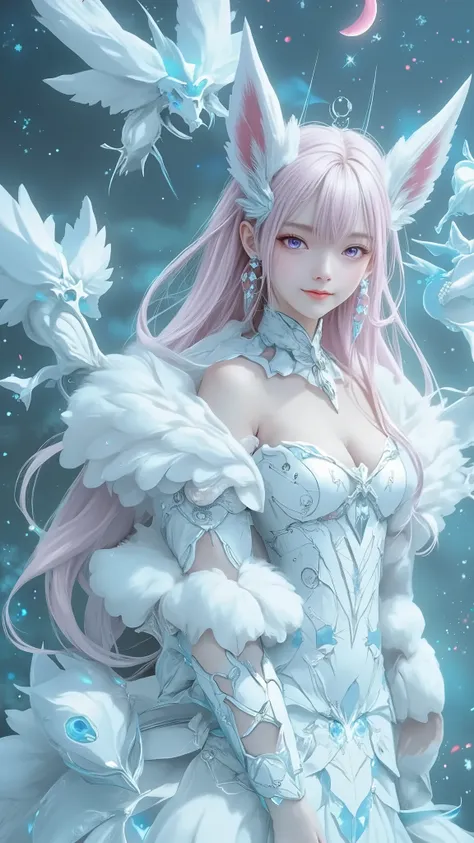 1 , long pink hair . chest. fox ears. MULTICOLOR EYES. PURPLE EYES , pink eyes. earrings. Dancer's candid attire. The symbol on the forehead is in the shape of a moon . full length .