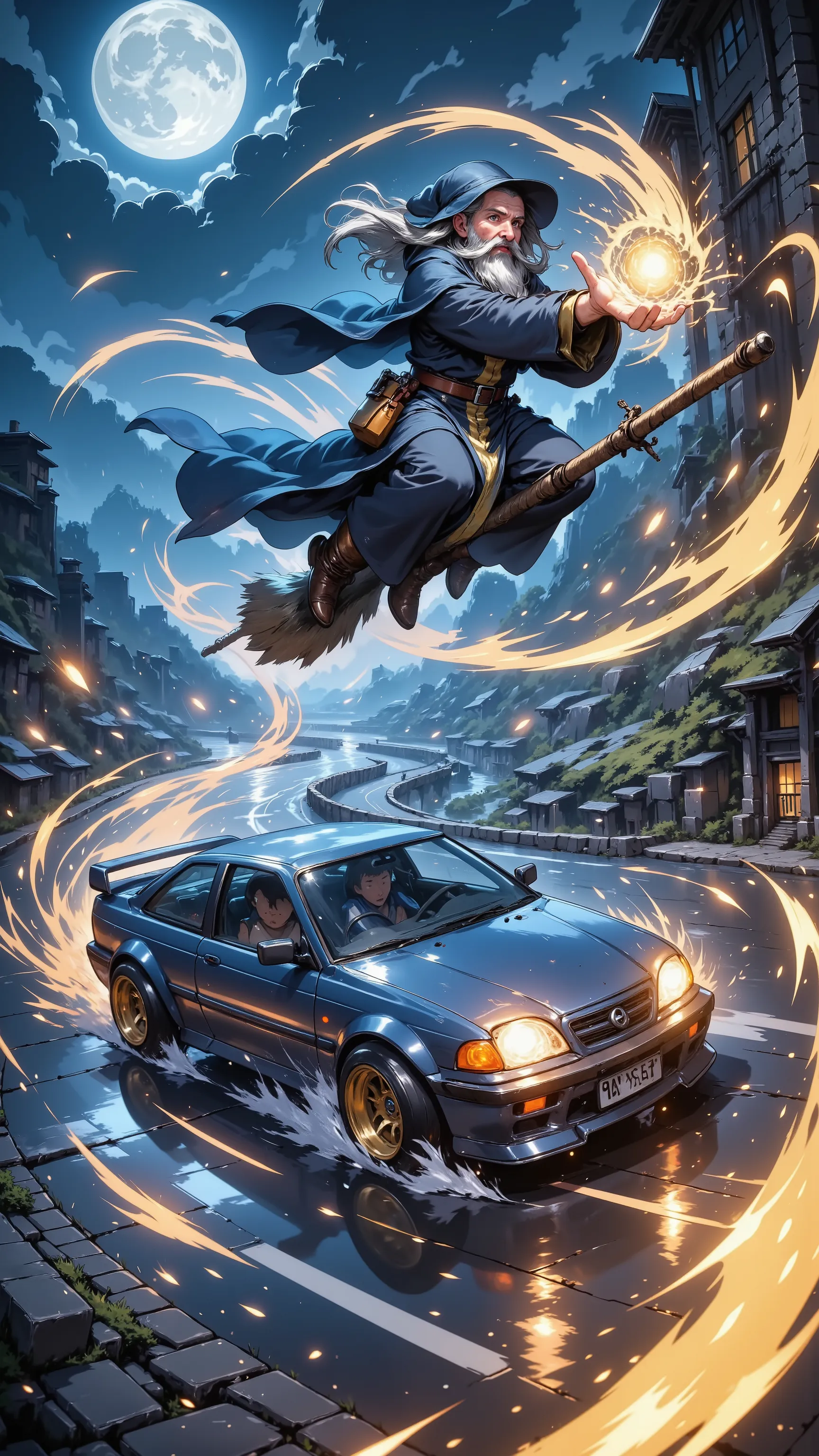 car,racing at maximum speed along a winding high-speed highway in the pouring rain, An old wizard riding a broom alongside a car ,flying, The Wizard is reporting the race from the sky,spell magic