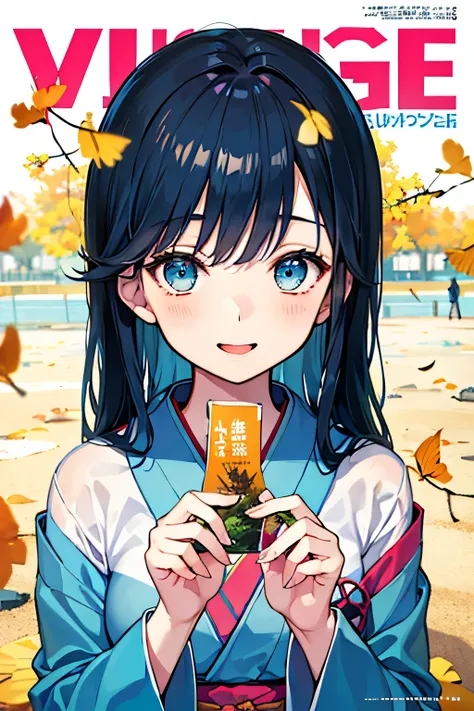 girl with black hair wearing a blue kimono、long hair、blue eyes、upper body、I'm looking up at the sky after getting dumped by my boyfriend、Blue Sky、and I'm looking up、smiling、Composition looking down from above、Smile Yan、vivid gradation、shrine、In the precinc...