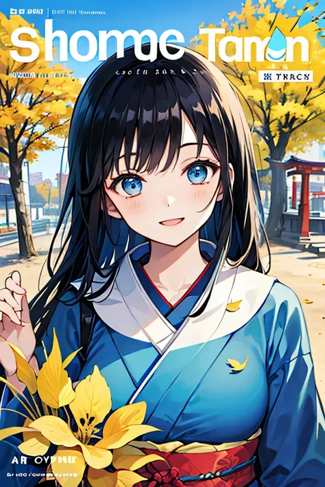girl with black hair wearing a blue kimono、long hair、blue eyes、upper body、I'm looking up at the sky after getting dumped by my boyfriend、Blue Sky、and I'm looking up、smiling、Composition looking down from above、Smile Yan、turning around、shrine、In the precinct...