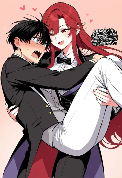 ,1girl, tuxedo tailcoat woman outfit, princess carry,1boy, , female carrying male, role reversal, gender role swap , assertive woman x Submissive man , assertive woman