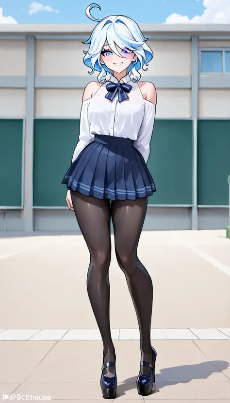 (masterpiece), best quality, expressive eyes, perfect face,1 mature woman,furina,genshin impact,(((schoolgirl uniform))),((pleated mini skirt)),((black pantyhouse)),in the school yard,standing,sexy pose,(bare shoulders),smile,looking at viewer,bimbo, ((Ful...