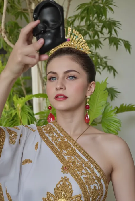 Beautiful woman,1 girl,european girl,her face looks like a goddess,the most beautiful woman in the world,long eyelashes,natural face,natural makeup,standing,4k,looking at viewer,take a picture together,half body,Thai tradional dress.