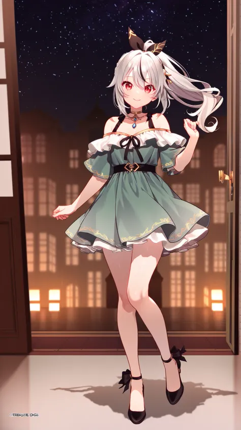 4K image quality、top quality,Smile Yan, eight-headed body、model style、スタイルの良いBeautiful girl、Miraculous Proportions、white skin、白髪Beautiful girl、 pure white gray hair、long hair、Ponytail、scrunchies、Luxury、off shoulder、court ball dress、Arabian Nights Outfits、 ...
