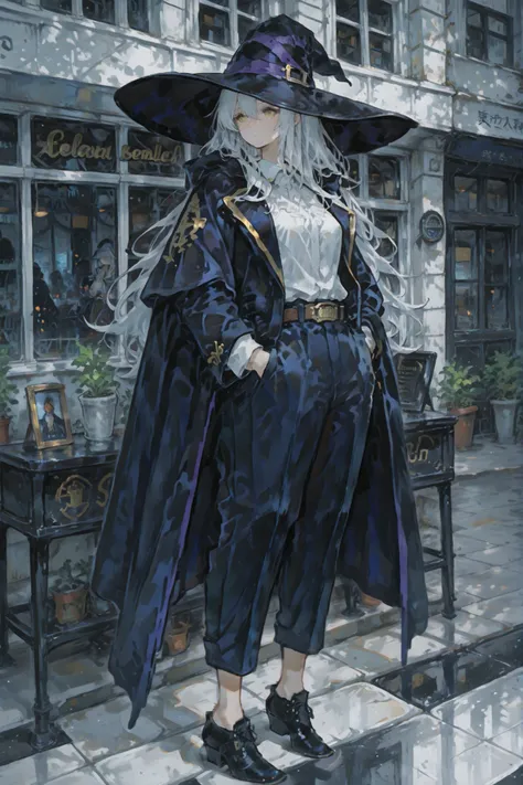 A stylish and confident office worker in her mid-twenties, dressed in a well-tailored navy blue business suit, a crisp white blouse and low-heeled black pumps, stands calmly outside a large storefront window in a modern city, hands in her pockets, gazing a...