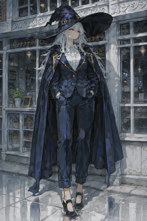 A stylish and confident office worker in her mid-twenties, dressed in a well-tailored navy blue business suit, a crisp white blouse and low-heeled black pumps, stands calmly outside a large storefront window in a modern city, hands in her pockets, gazing a...