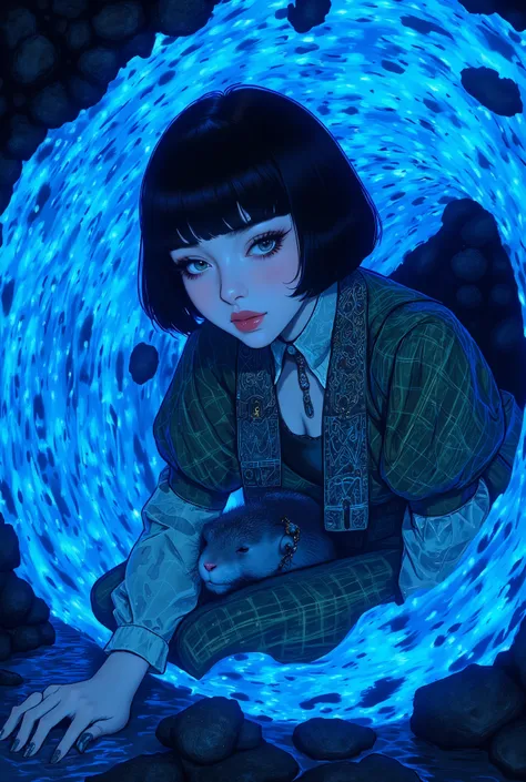 long nails、Oriental beauty wearing summer bohemian fashion with short black bangs and short bob hair、There is only one Asian small-clawed otter、Detailed, highest-quality hand drawing、Exploring the illuminated blue cave