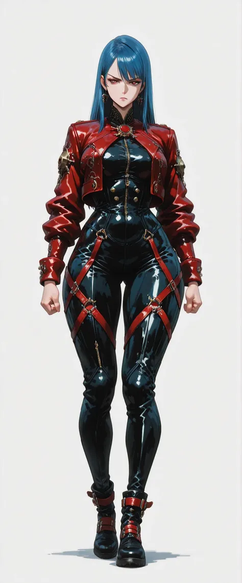masterpiece, latest, very aesthetic, A very beautiful 28 year old adult woman, sexy body, curves, big legs 'Bayonetta' body style with a mixed oriental face, oriental features, straight hair with two side bangs on the face, cyberpunk style, blue hair and m...
