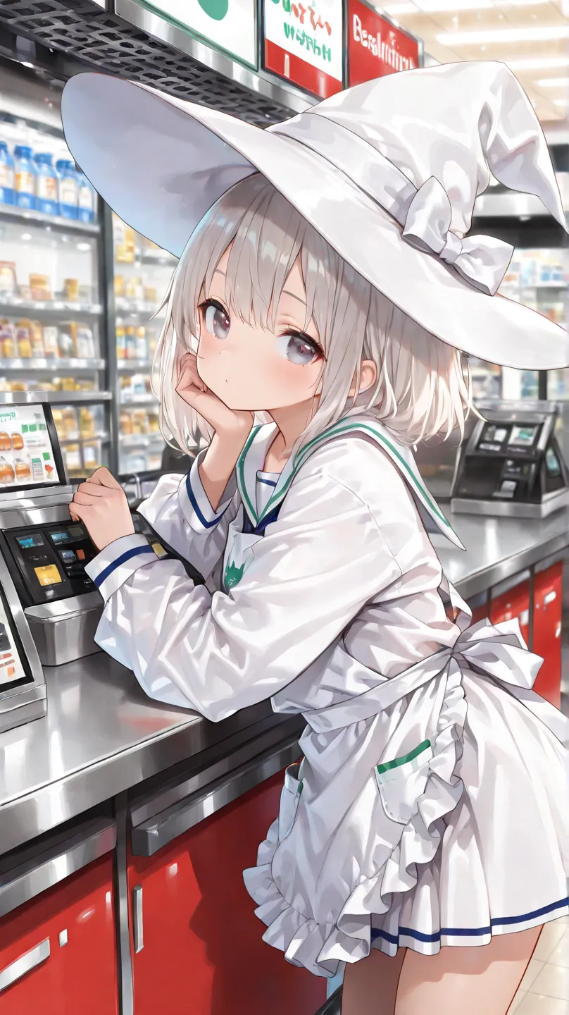 Cute,748cmstyle,Dynamic lighting,HDR,Cute,748cmstyle,Dynamic lighting,HDR,(masterpiece:1.2, top quality), (Beautiful Detailed Eyes: 1.2), ((1 Beautiful Girl)),  (beautiful background:1.2), (very detailed CG, Super Detailed),(very detailed and beautiful:1.1), (Perfect Details:1.1), A girl working at a convenience store　Witch's Hat　short bob　gray hair　white sailor suit　miniskirt　Apron　Cashier