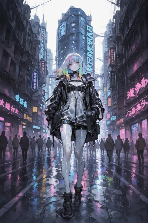 top quality、surreal、perfect anatomy、Crowded city streets、Wet and shiny white skin、Slender model figure、rainbow hair、wet、ten-headed body、Natural Light、cyberpunk city、neon lights、 urban tech wear
