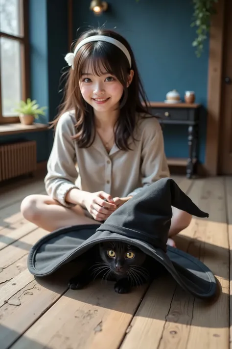 ((Low Angle Shot:1.5)). ((full body shot:1.5)). A witch hat falls on the floor in front、a black kitten is peeking out from under her hat。Behind it, a young woman is sitting on a wooden floor and looking at her kitten with a smile。The scene enhances a seren...