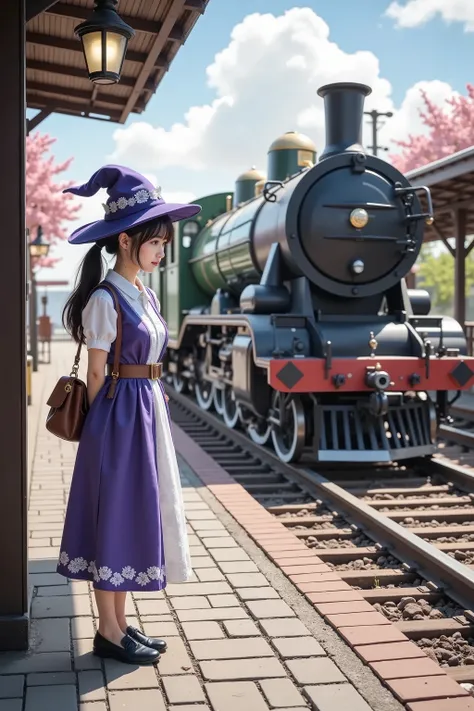 A young woman dressed as a wizard is waiting for the train on the station platform、A steam train is about to pass by the train on the opposite side of her、Natural scenery spreads out、petals are dancing to bless her