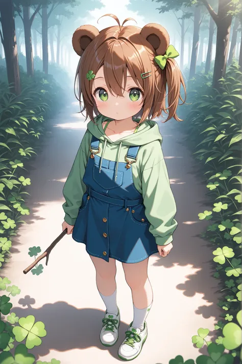 (masterpiece, detailed:1.2), 1girl, antenna hair, bear ears, bear girl, blue overalls, bra strap, brown hair, clover hair ornament, collarbone, green bow, green eyes, green hoodie, hair between eyes, hair bow, hair ornament, hairclip, holding stick, highre...