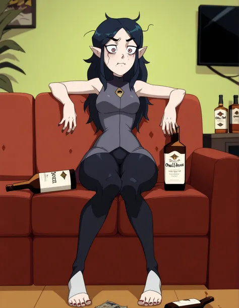 1 girl, solo, Thighs Gap, Knee gap, gluteal fold, Anckle Gap, athletic body, full body:1.5, (High Quality), ((Edalyn Clawthorne from The Owl House)), Edalyn Clawthorne on the couch, sloppy clothes, on the couch, watching TV, Disastrous appearance, hungover...