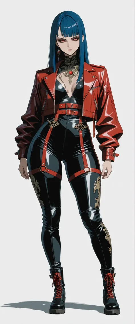 masterpiece, latest, very aesthetic, A very beautiful 28 year old adult woman, sexy body, curves, big legs 'Bayonetta' body style with a mixed-race oriental face, straight hair with two side bangs on the face, cyberpunk style, blue hair and medium length, ...