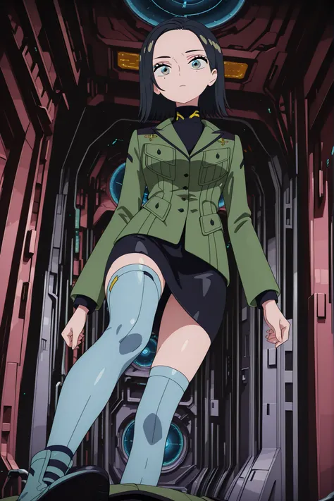 (masterpiece), best quality, amazing quality, very beautiful, incredible, latest, perfect body, glowing skin, perfect eyes, detailed gaze, anime style, action pose, inside the bridge of a spaceship, From below

1 girl, looking at the viewer, Komori Harcour...