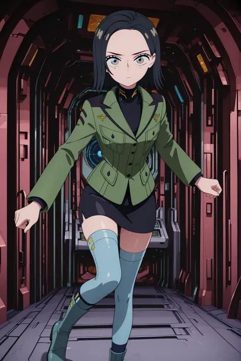 (masterpiece), best quality, amazing quality, very beautiful, incredible, latest, perfect body, glowing skin, perfect eyes, detailed gaze, anime style, action pose, inside the bridge of a spaceship

1 girl, looking at the viewer, Komori Harcourt, black hai...