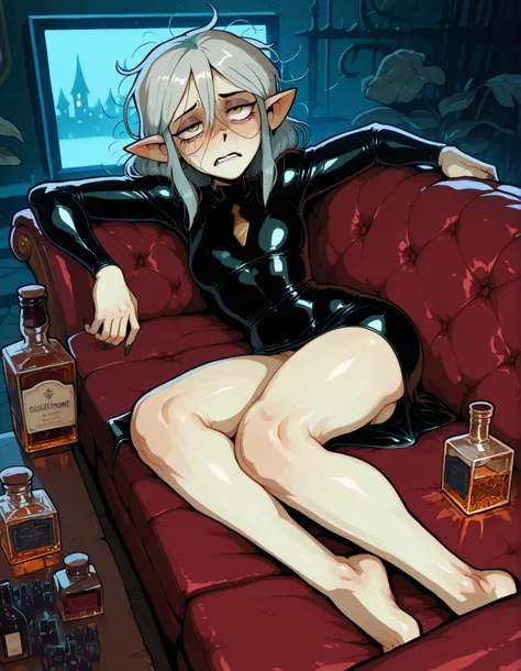 1 girl, solo, Thighs Gap, Knee gap, gluteal fold, Anckle Gap, athletic body, full body:1.5, (High Quality), ((Edalyn Clawthorne from The Owl House)), Edalyn Clawthorne on the couch, sloppy clothes, on the couch, watching TV, Disastrous appearance, hungover...