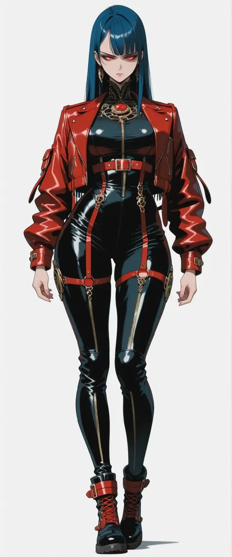 masterpiece, latest, very aesthetic, A very beautiful 28 year old adult woman, sexy body, curves, big legs 'Bayonetta' body style with a mixed-race oriental face, straight hair with two side bangs on the face, cyberpunk style, blue hair and medium length, ...