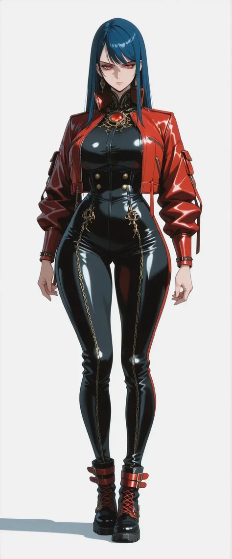 masterpiece, latest, very aesthetic, A very beautiful 28 year old adult woman, sexy body, curves, big legs 'Bayonetta' body style with a mixed-race oriental face, straight hair with two side bangs on the face, cyberpunk style, blue hair and medium length, ...